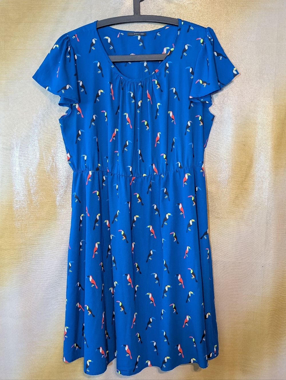 West Kei Blue Toucan Bird Print Flutter Sleeve Midi Dress